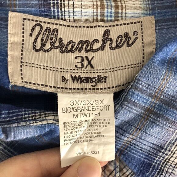Wrangler Wrancher Mens Size 3X Blue Plaid Pearl Snap Shirt Cowboy Farmer Classic - Picture 9 of 16